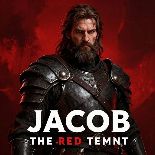 Photograph of intense, bearded man in black, armored medieval attire with red background, text 