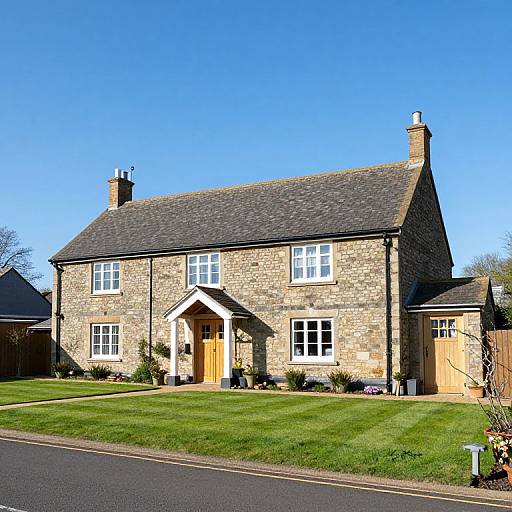 Photograph of a charming, two-story stone cottage with a pitched roof, wooden door, white-framed windows, and a neatly trimmed green lawn under