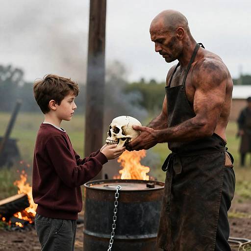 Boy Hands Skull to Muscular Man