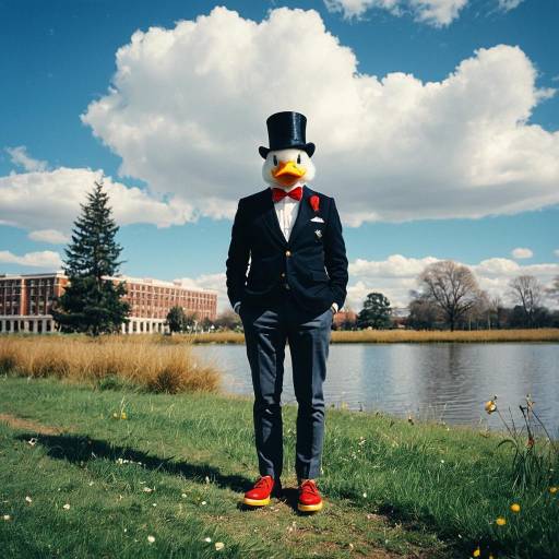 Man in Duck Mask and Tuxedo by Lake