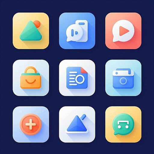 Grid of nine colorful, rounded-square app icons featuring various symbols: triangle, play button, lock, file, camera, plus, triangle with arrow,