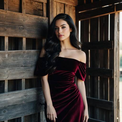 Elegant Woman in Burgundy Velvet Gown by Barn Door