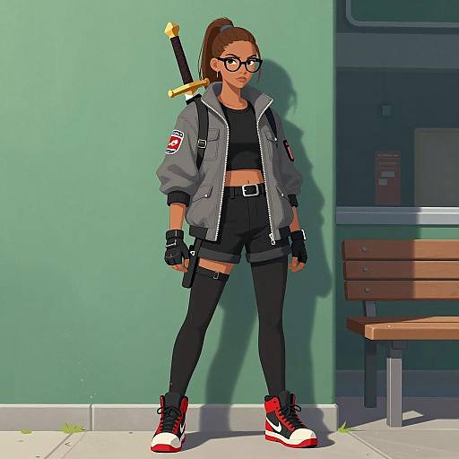 Urban Warrior: Young Woman Against Green Wall