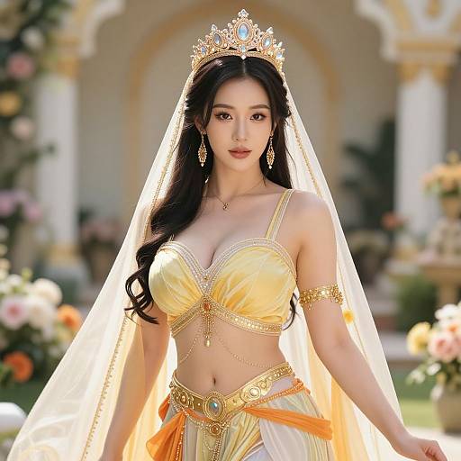 Photorealistic digital artwork of an Asian princess with long black hair, wearing a golden bra, veil, crown, and ornate jewelry, standing in