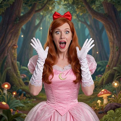 Photograph-style digital image of a surprised red-haired woman in a pink Disney-style Alice in Wonderland dress, white gloves, red bow, amidst a magical