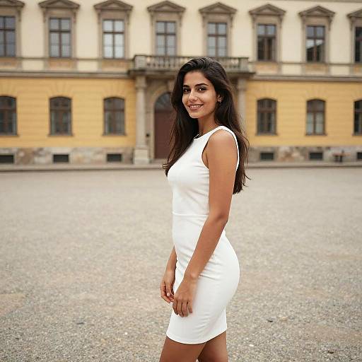 Photograph of a smiling woman with long dark hair, wearing a sleeveless white dress, standing in front of a yellow building with arched windows.