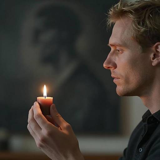 Focused Man Holding Candle in Profile