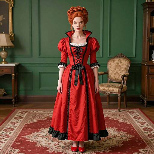 Elegant Woman in Red Victorian Dress