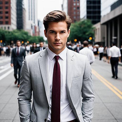 Confident Young Man in Light Gray Suit on Urban Street