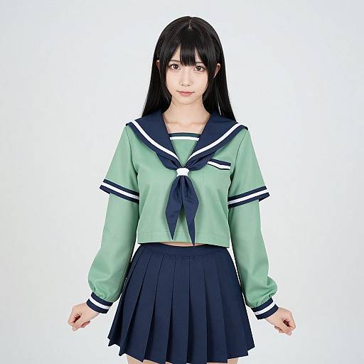 Digital illustration of an Asian girl with long black hair in a green Japanese school uniform with navy sailor collar and skirt, standing against a plain white background.