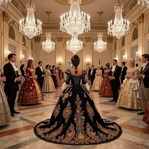 Photograph of a grand ballroom with chandeliers, elegant guests in opulent gowns and suits, focusing on a woman in a black,