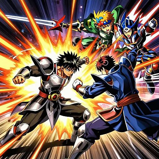 Dynamic anime-style illustration of five fighters in mid-battle, surrounded by explosive energy bursts. Characters wear diverse, colorful outfits, showcasing intense, action-packed