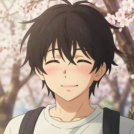 Shy Anime Boy with Cherry Blossoms