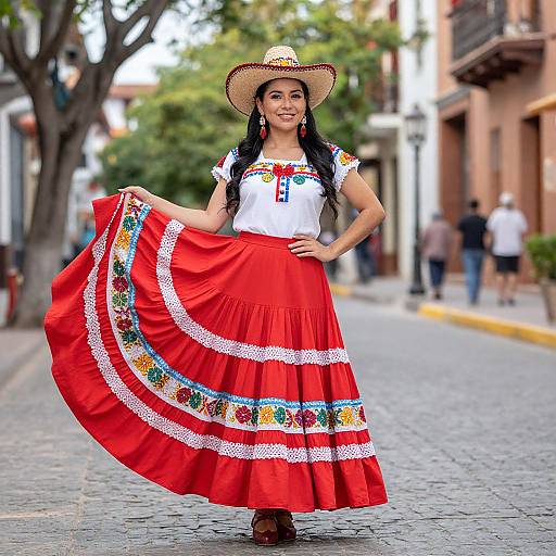 Photograph of a smiling Latina woman in traditional Mexican dress, white blouse, red skirt with colorful embroidery, and straw hat, standing on a cobble