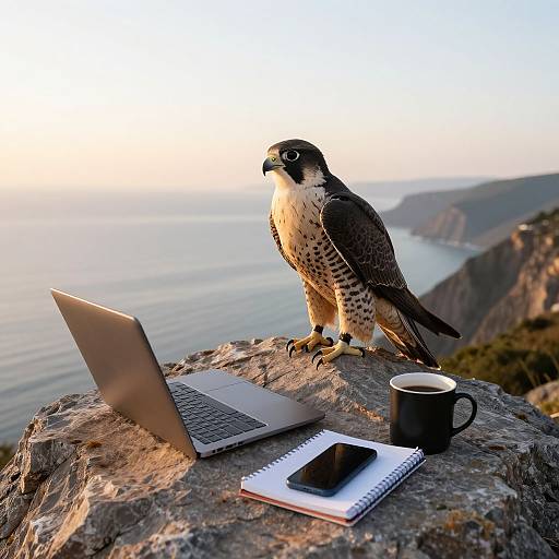 Photograph: Peregine falcon with sharp gaze perched on rocky cliff, overlooking ocean, using laptop, with notebook and coffee cup beside.
