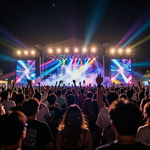 Photograph of a vibrant concert with a large crowd, colorful stage lights, and silhouetted performers on a bright, illuminated stage.