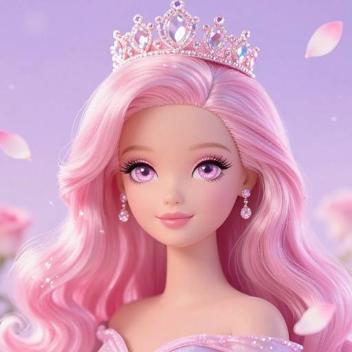 Digital CGI image of a pink-haired doll with large purple eyes, wearing a sparkling tiara and earrings, against a soft blue background with pink flower petals