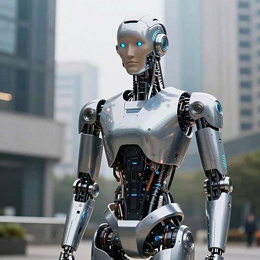 Photorealistic CGI of a silver, humanoid robot with glowing blue eyes standing in a blurred urban cityscape. Modern, sleek design with visible mechanical joints