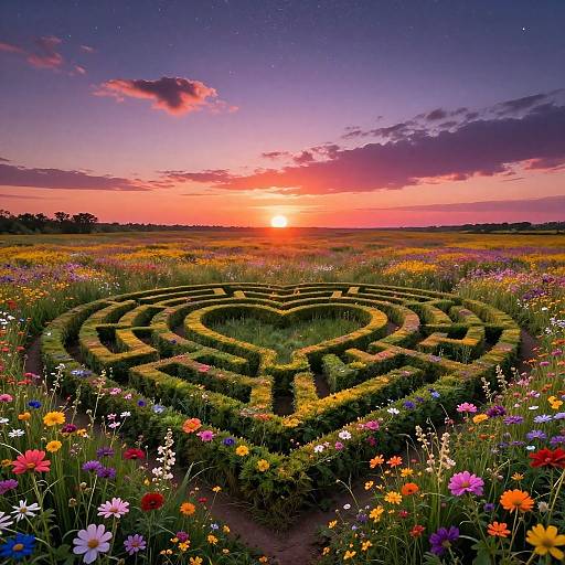 Photograph of a vibrant sunset over a lush meadow with a heart-shaped maze, surrounded by colorful wildflowers, against a purple and orange sky.
