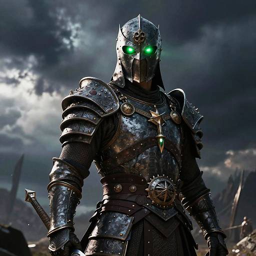 CGI image of a dark, armored warrior with glowing green eyes, wearing intricate, reflective steel armor, standing against a stormy sky.