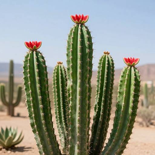 Photograph of tall, green cacti with red flower crowns in a desert landscape, featuring blurred background and clear blue sky.