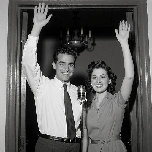 Vintage Couple Raising Hands by Microphone