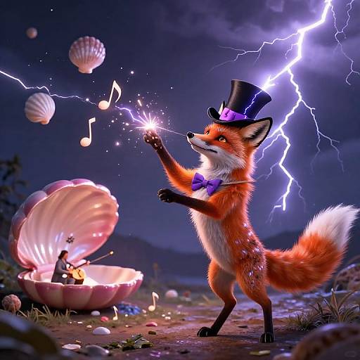 Digital art of a fox in a top hat, bowtie, and purple sash, conjuring fire sparks, amidst lightning, floating shells, and