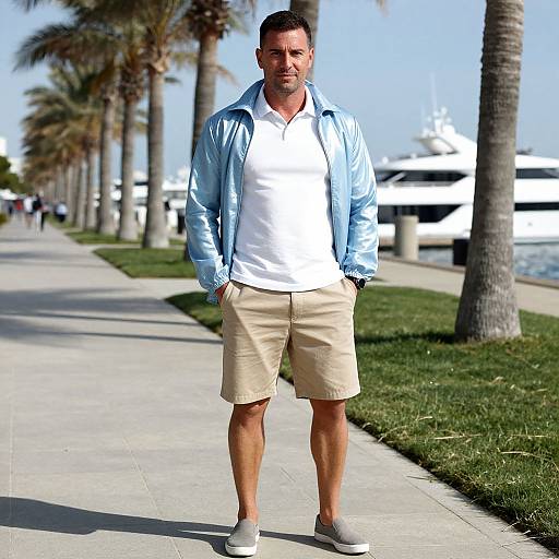 Photograph of a muscular man with short brown hair, wearing a light blue jacket, white shirt, beige shorts, and white sneakers, standing on a