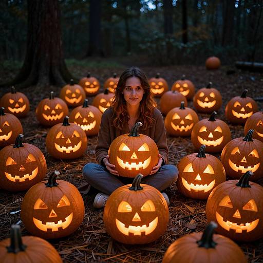 Photograph: Young woman with long brown hair, wearing brown sweater and jeans, sits cross-legged in forest, surrounded by glowing carved pumpkins.