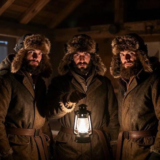 Three Bearded Men in Winter Clothing with Lantern