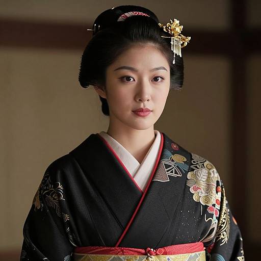 Photograph of a young Asian woman with fair skin, wearing a black floral kimono with red obi, black hair in an updo adorned with