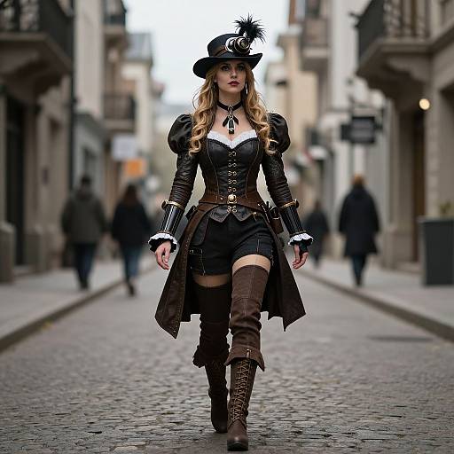 Photograph of a blonde woman in steampunk attire, black corset, brown leather boots, and hat, walking down a cobblestone street