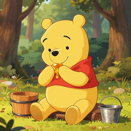 Digital illustration of Winnie the Pooh sitting in a forest, wearing a red shirt, holding a honey pot, with a wooden bucket and metal p
