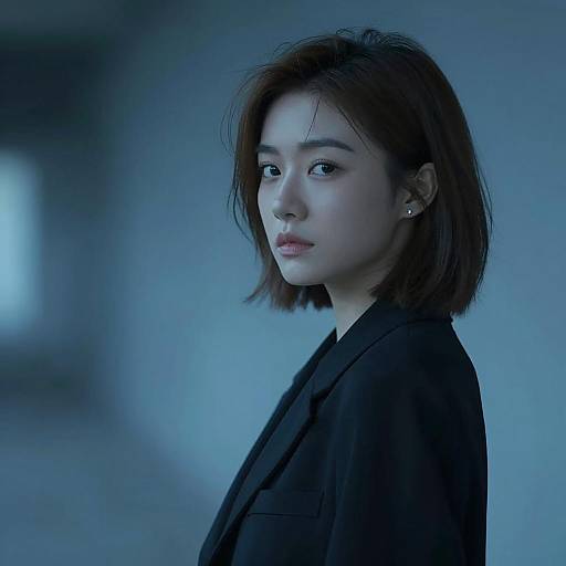 Serious Woman in Blue-Lit Ambiance