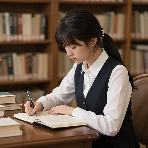 Photograph of an East Asian woman with black hair in pigtails, wearing a white shirt and black vest, writing in a notebook at a wooden