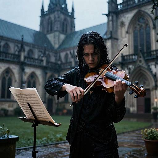 Gothic Violinist in Cathedral Hailstorm