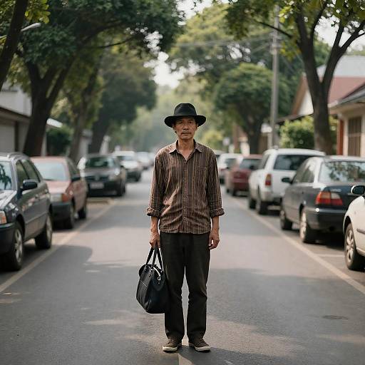 Man Standing on Tree-Lined Street with Black Hat and Bag