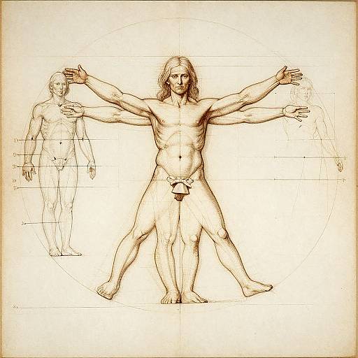 Monochromatic drawing of a nude, muscular man with six arms and legs, standing with arms outstretched, resembling Leonardo da Vinci's Vitru