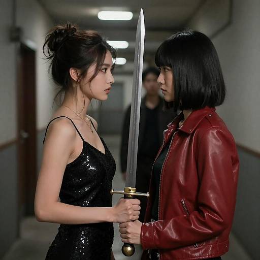 Intense Encounter in an Industrial Hallway