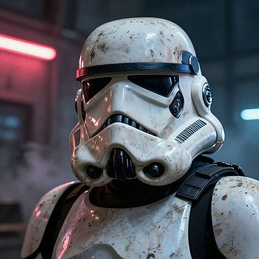 Photorealistic CGI of a weathered white Stormtrooper helmet with black visor, black straps, in a dimly lit, industrial setting with