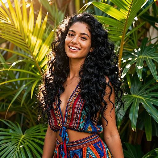 Photograph of a smiling woman with long, curly black hair, wearing a colorful, patterned, bohemian-style crop top and skirt, standing