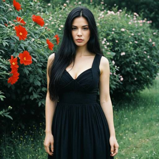 Woman in Black Dress by Red Flowers