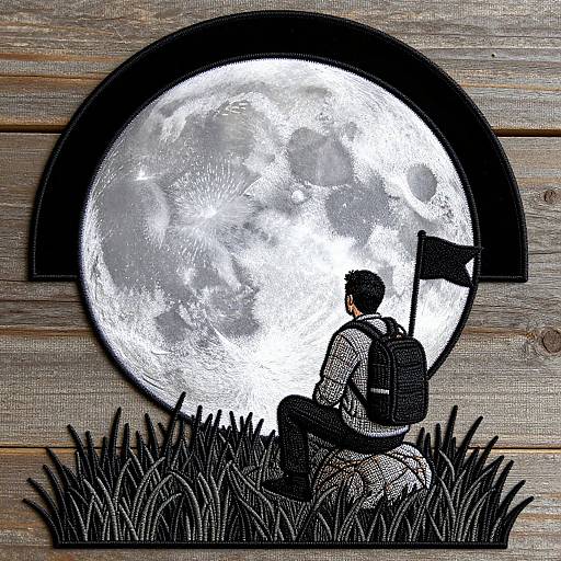 Black-and-white illustration of a person with a backpack and flag, sitting in grass, gazing at a large, detailed full moon against a wooden wall