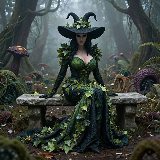 Digital fantasy artwork of a green-eyed, dark-haired witch with horned hat, leafy dress, and black gloves, sitting on a stone bench in