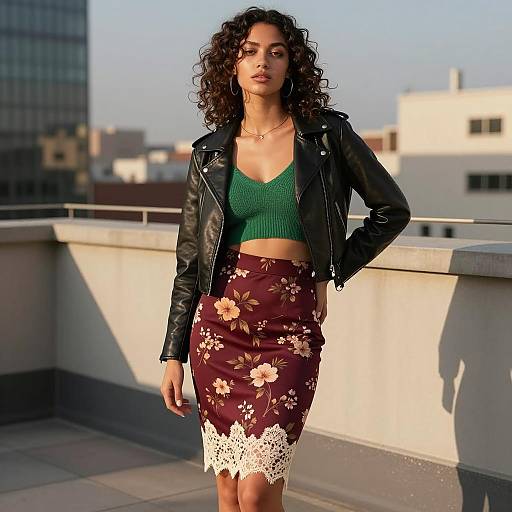 Fashionable woman in floral skirt and leather jacket