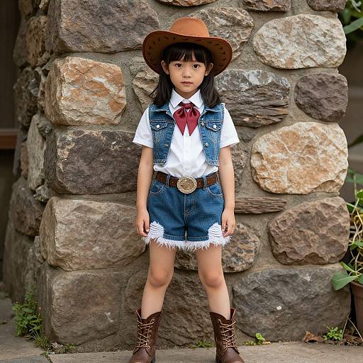 Photograph of a young Asian girl with black hair, wearing a brown cowboy hat, white shirt, red tie, denim vest, shorts, and brown