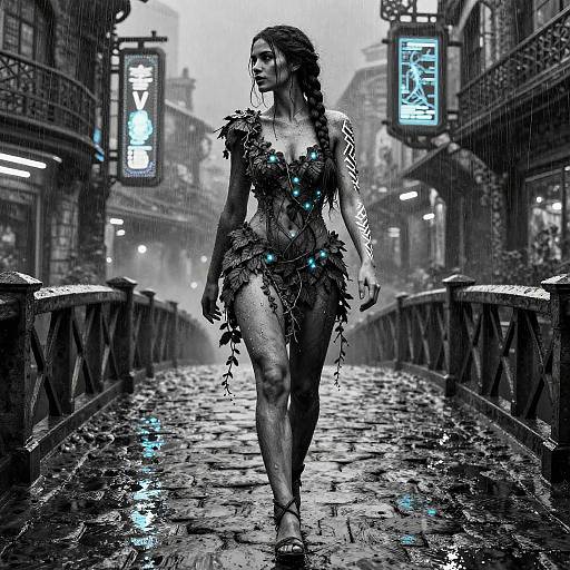 Photograph-style digital art: Wet, tribal-wearing woman with glowing blue accents walks through a rainy, neon-lit urban alleyway. Black and