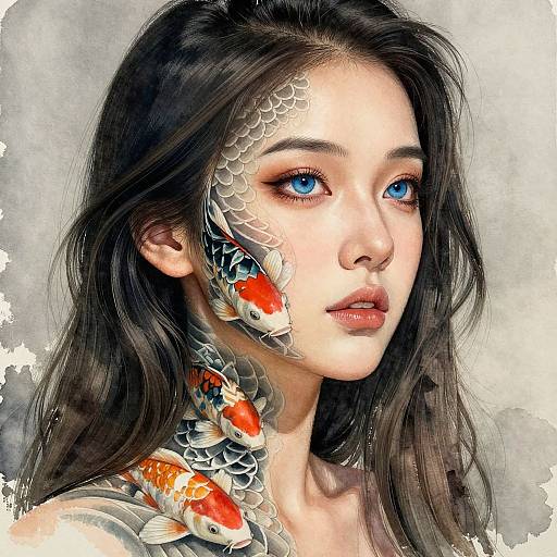Digital painting of a fair-skinned woman with long black hair, blue eyes, and a face adorned with goldfish scales and vibrant koi fish.