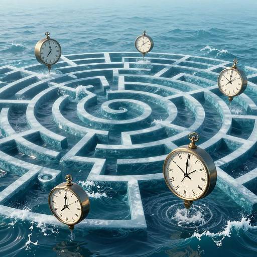 Photograph of four floating pocket watches above a swirling, underwater maze with rippling water, creating a surreal, time-themed illusion.