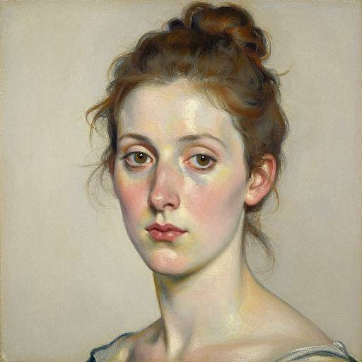Realistic digital painting of a young woman with fair skin, brown eyes, and brown hair in a loose bun, wearing a light gray top, against